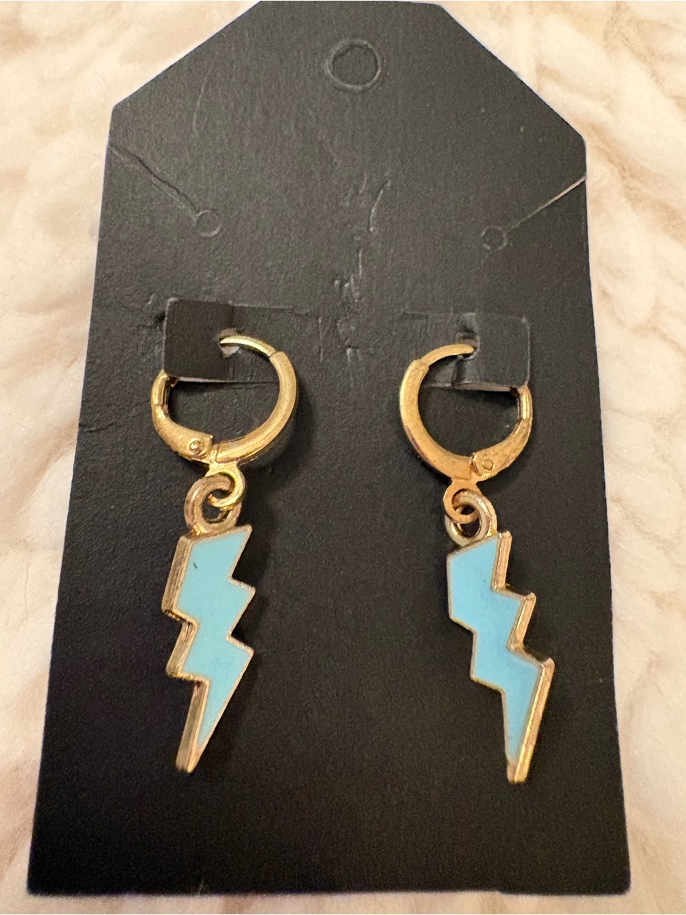 Gold Tone Blue Lightning Bolt Huggie Hoop Earrings | Enamel Dangle